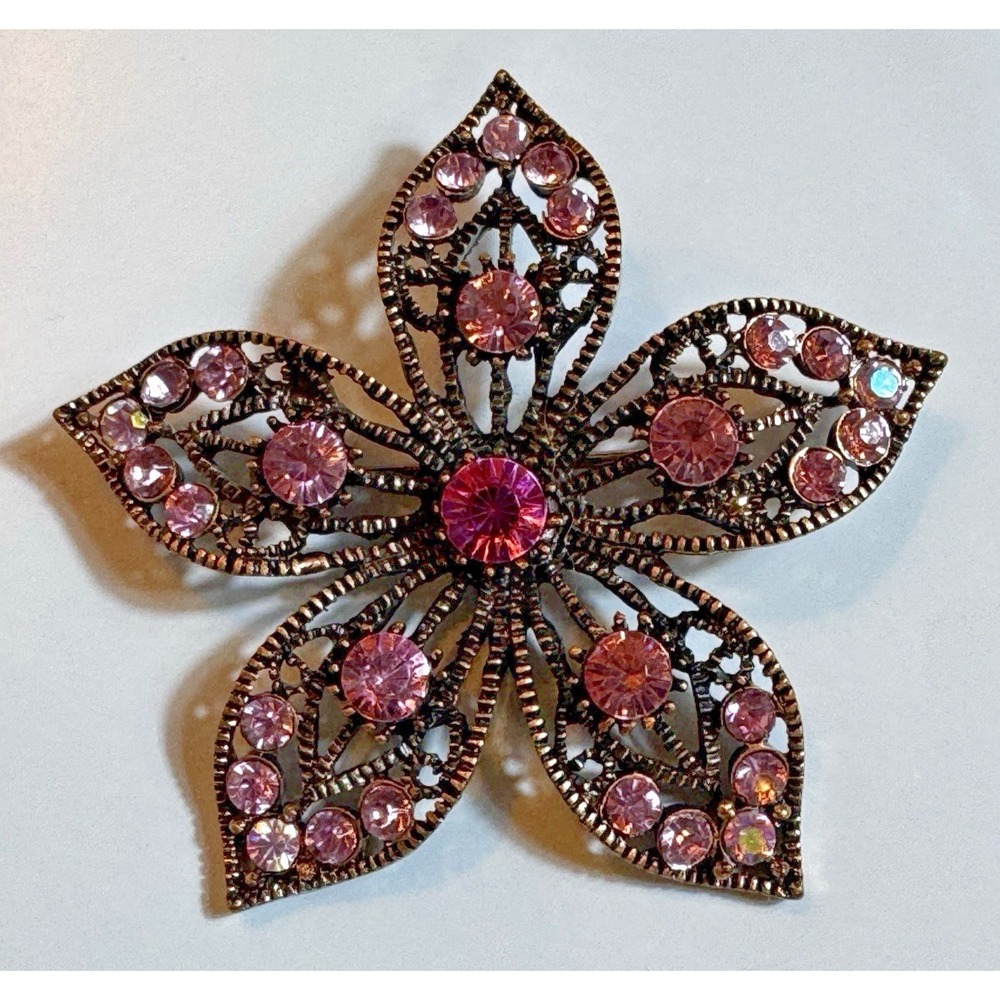 Vintage Style Pink Rhinestone Filigree Flower Brooch Antique Bronze Tone‎ 2in - Picture 6 of 6